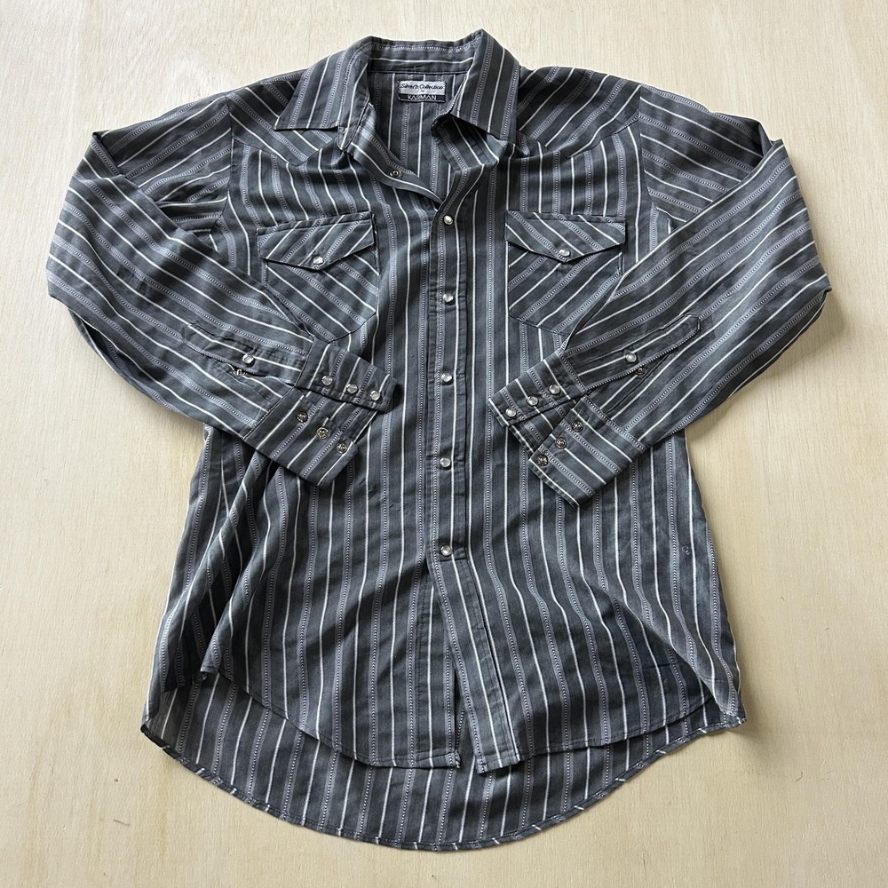 Vintage Karman Shirt Men Large Striped Long Sleeve Snap Button Up Western Cowboy